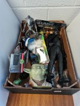 Box of Star Wars items incl Yoda toy and boxed Batman car