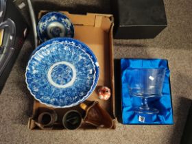 Box with Royal Doulton jug, Chinese Cloisonne bronze vase, Spode, glass etc