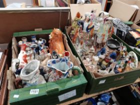 A large collection of Antique Staffordshire figures and toby jugs, animals etc (2 boxes)