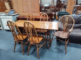 Oak refectory dining table with mid century spindle back chairs x4 plus wheel back Windsor chair