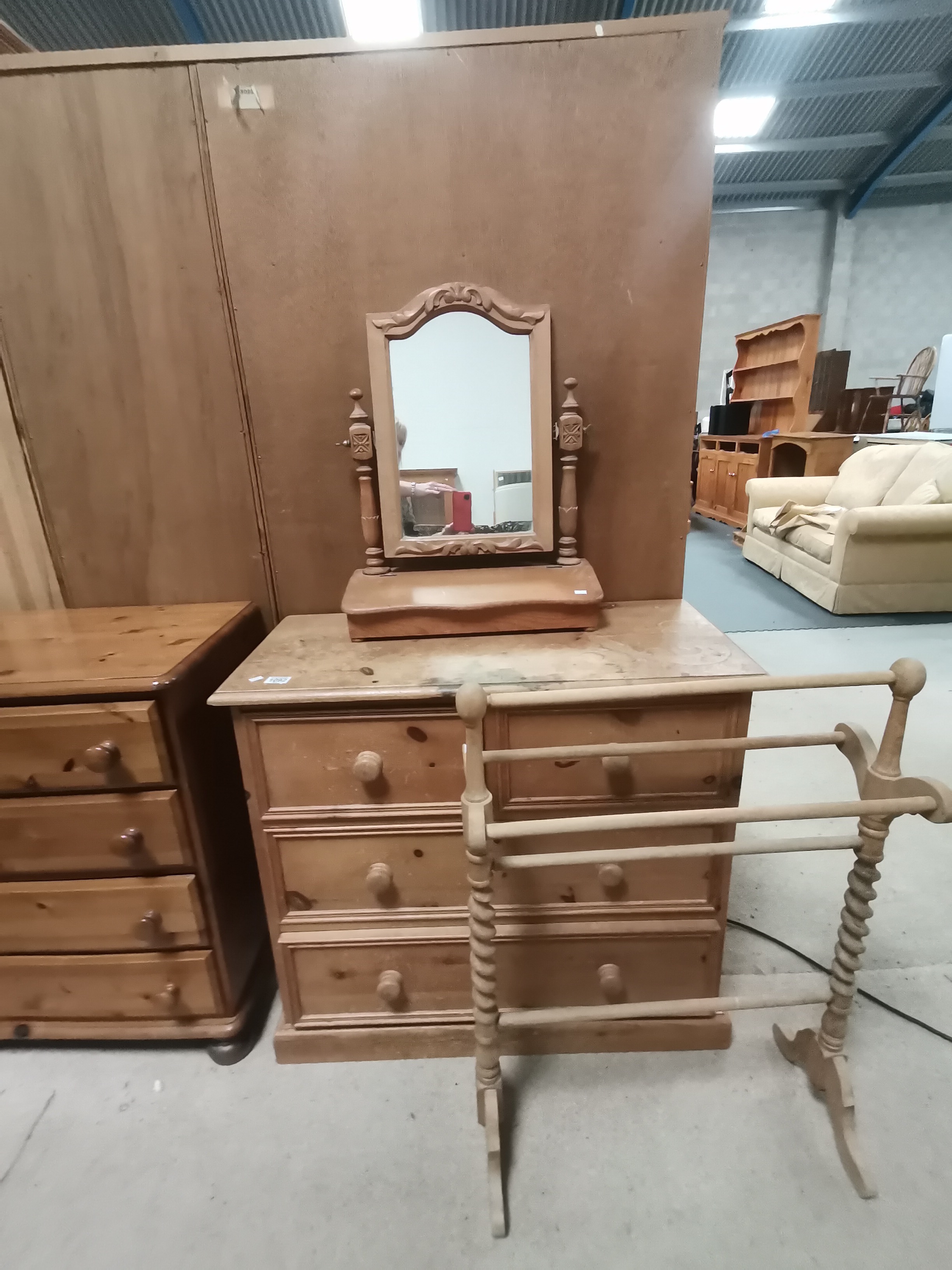 Antique pine 3ht chest of drawers W91 with separate swing mirror and towel rail