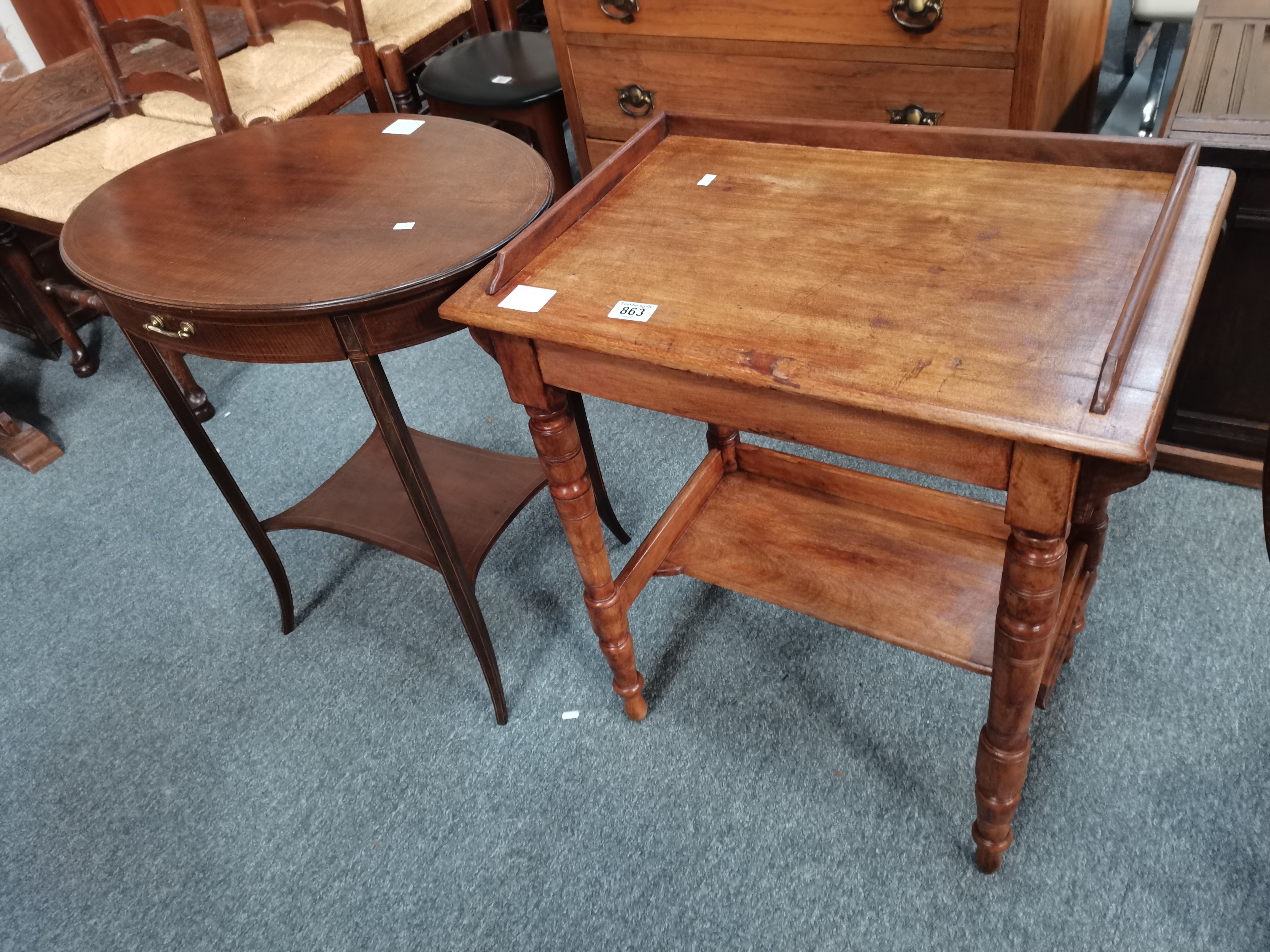 An Edwardian inlaid mahogany side table, plus a pine washstand