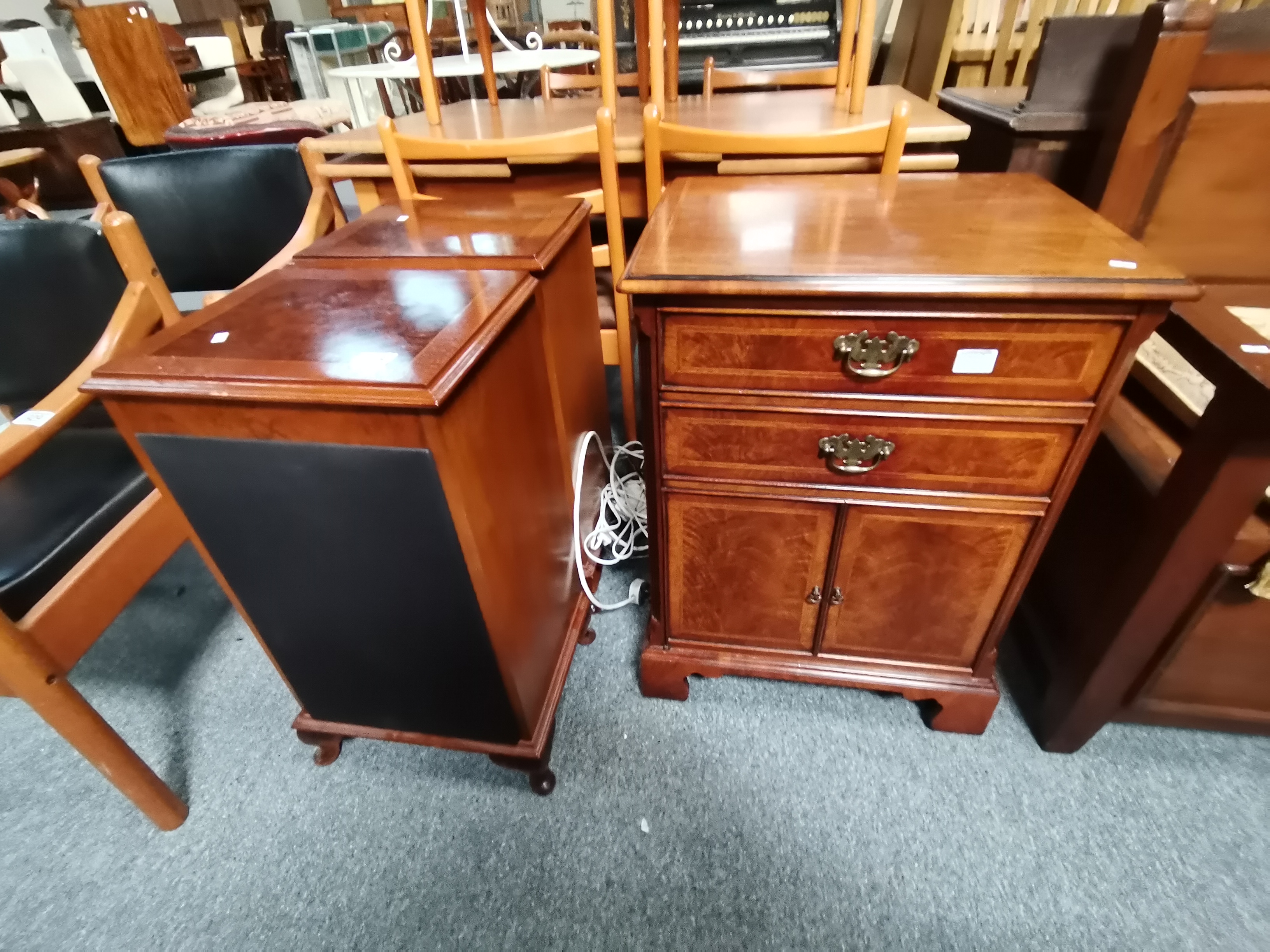 A Charles Sheraton walnut record cabinet and two speaker cabinets