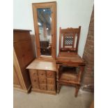 Small 9 drawer pine chest, pine mirror and x2 dining chairs