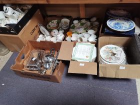 7 x boxes of Coronation items, silver plated items, ltd edt plates, masons china, etc