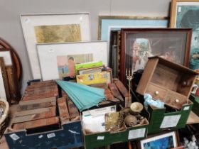 A Miscellaneous Lot Containing Pictures, Books, Brass Items and a Small Cabinet