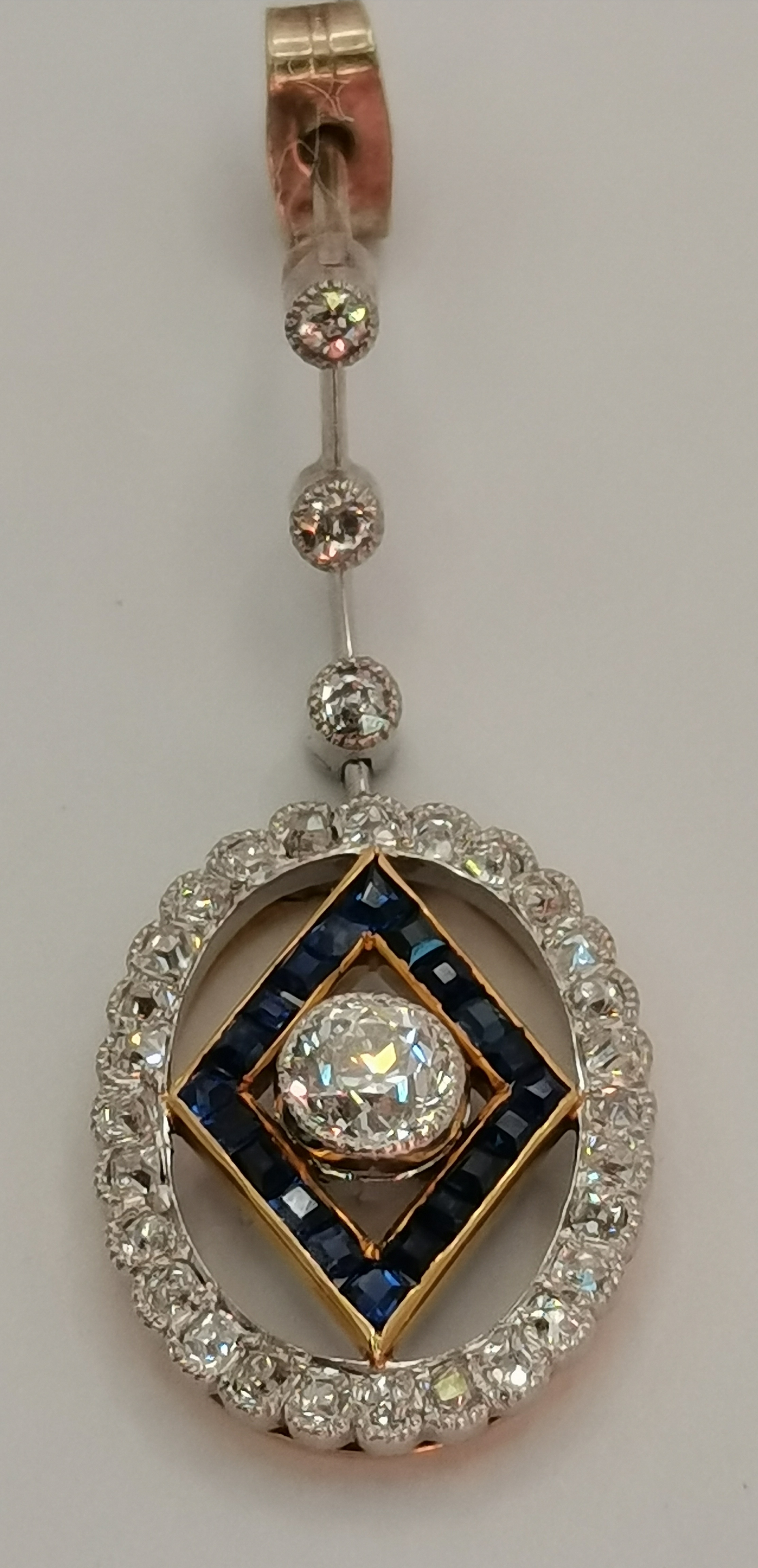 A pair of Art Deco platinum and 18 carat gold diamond and sapphire pendant earrings - Image 3 of 12
