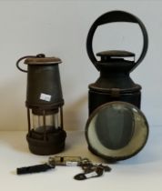 Vintage railway signal lamp, Antique Miner's lantern and x2 metal whistles
