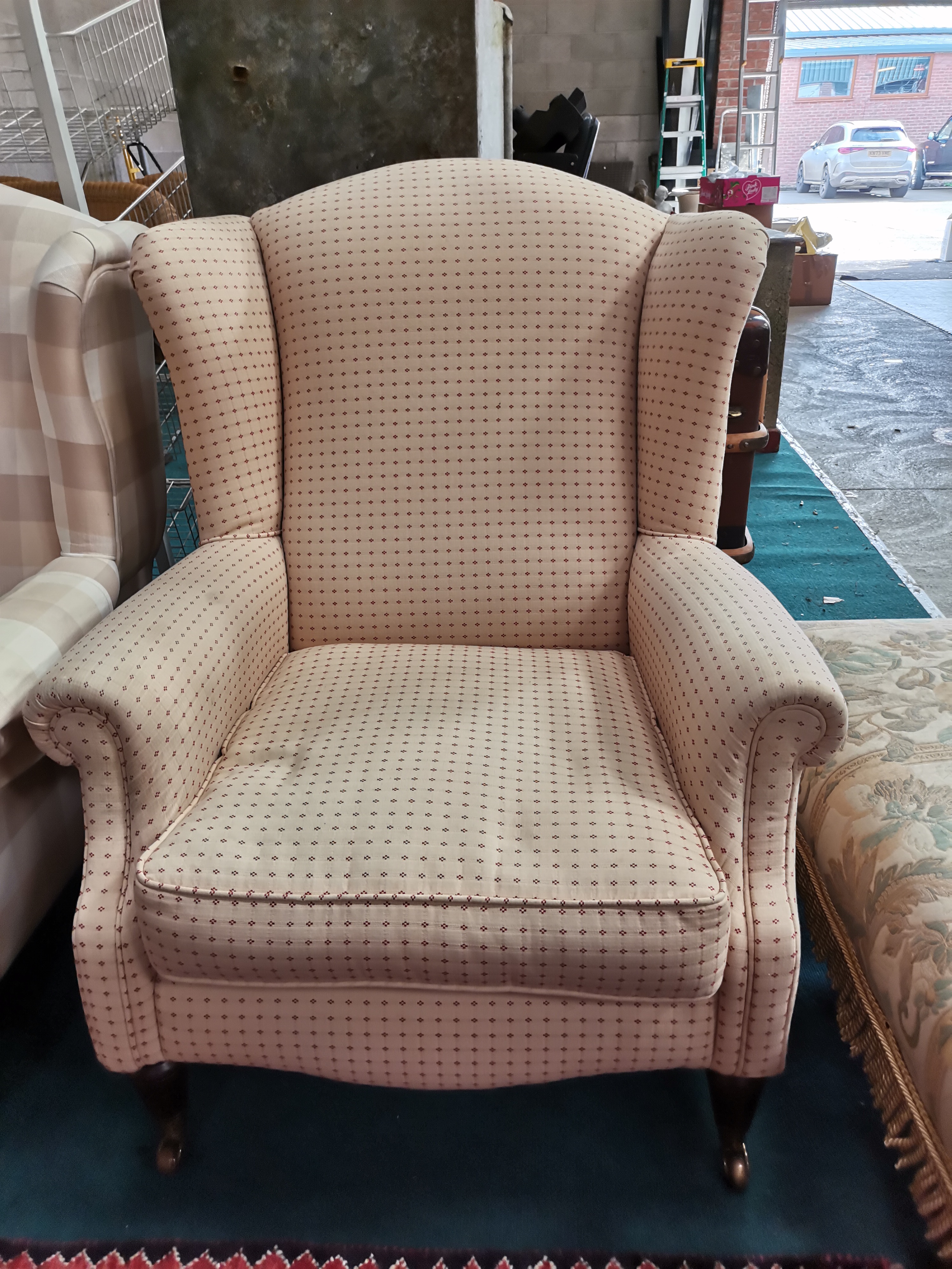 x2 Laura Ashley Wing back armchairs in cream on castors - Image 2 of 3