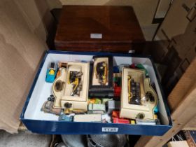 1 Wooden Box Containing Printing Set and a Box of Diecast Cars, plus cut glass glasses