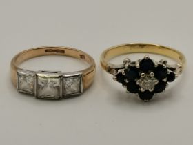 An 18 carat gold blue and white stone cluster ring, and a 9 carat gold white three stone ring