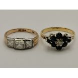 An 18 carat gold blue and white stone cluster ring, and a 9 carat gold white three stone ring