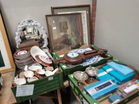 3 Boxes Containing A Dinner Set Crownford Burslem, plated cutlery, Linen, oak barometer, various pic