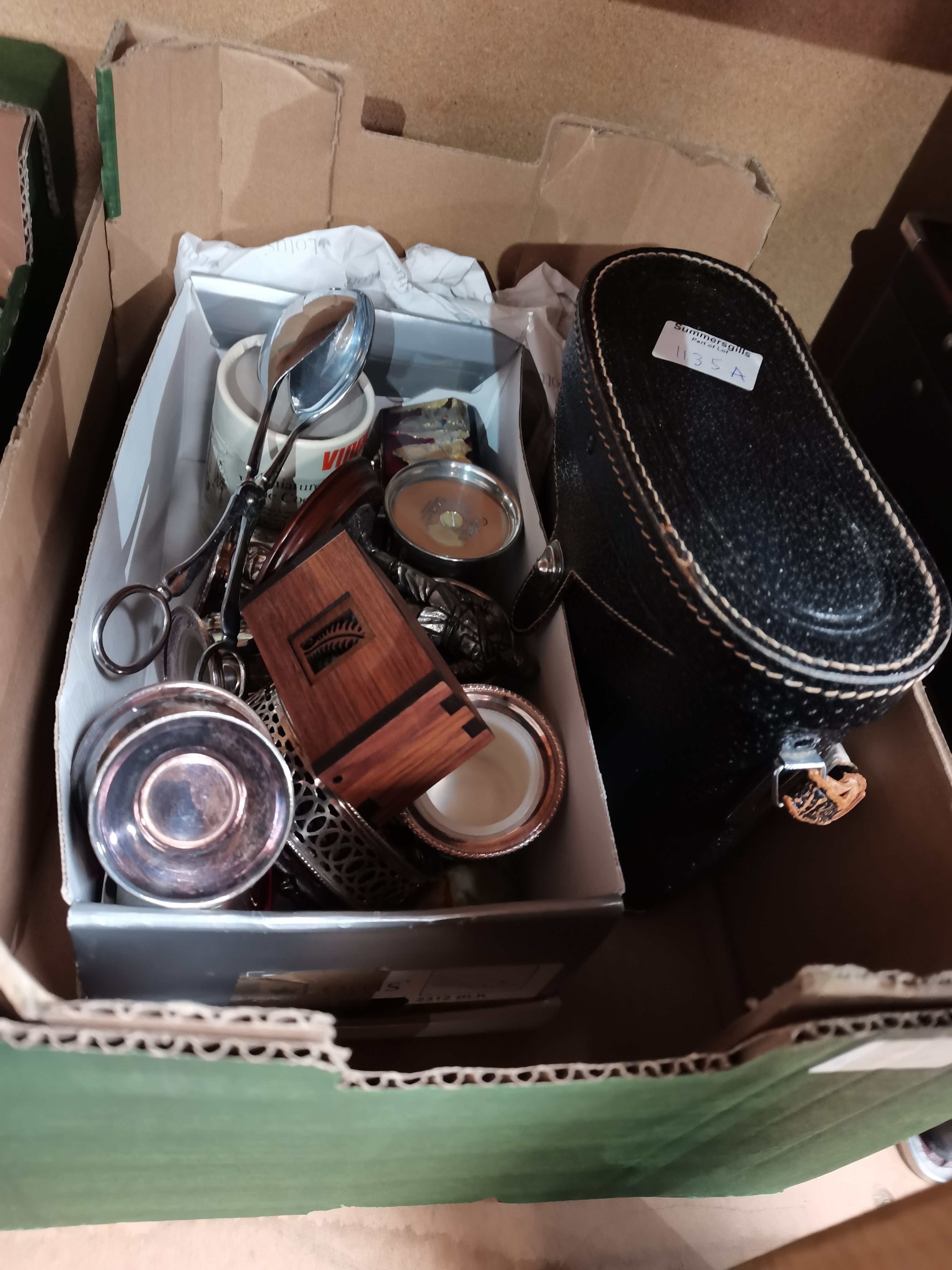 1 box misc. items incl 2 antique maps Thirsk and area 1911 & 1912 binoculars, silver plate