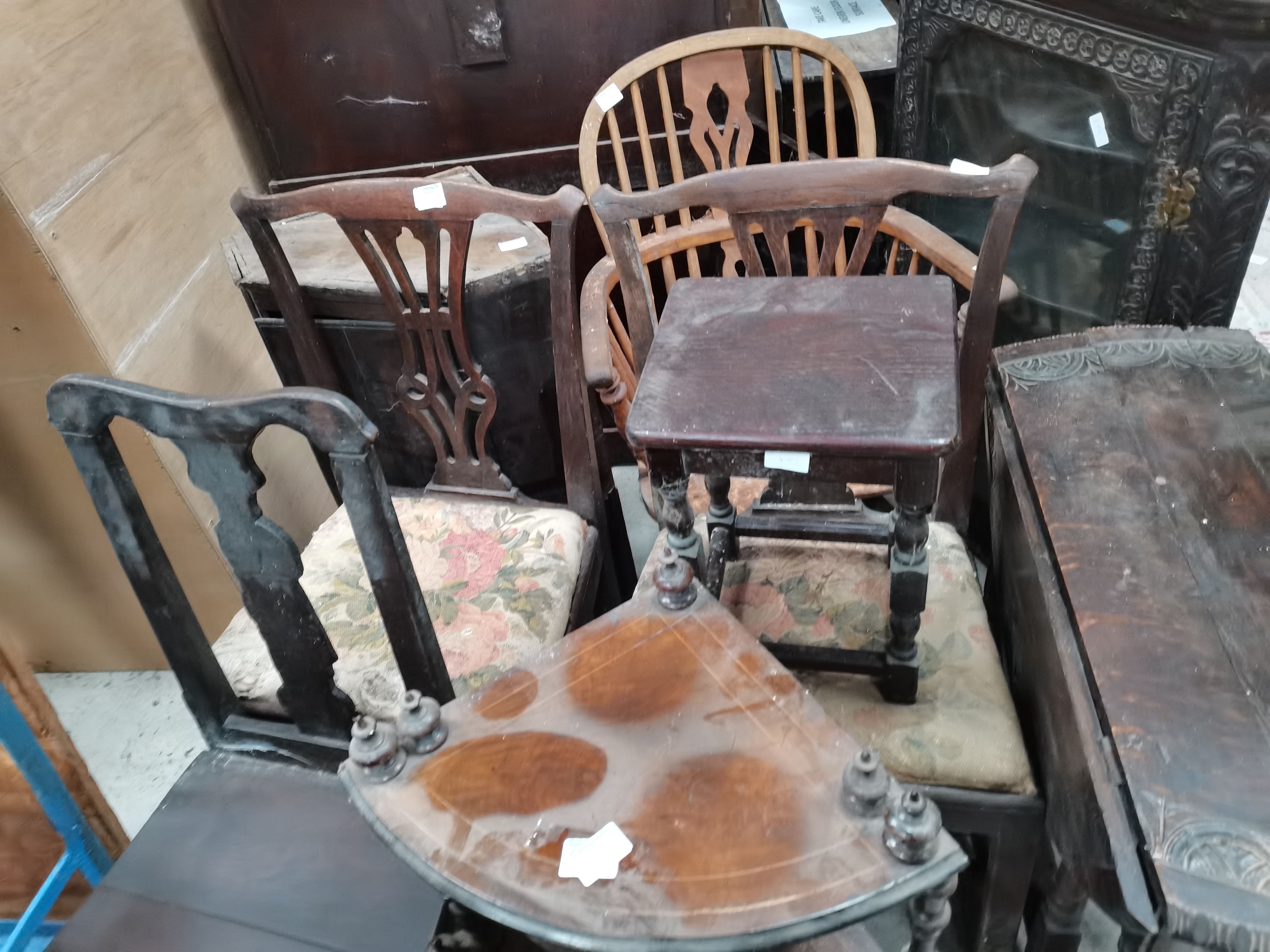 Misc. antique furniture incl Windsor Chair, corner cupboards, vintage folding metal screen etc - Image 2 of 4