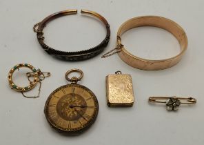 A mixed group of gold and yellow metal jewellery, watches, etc.