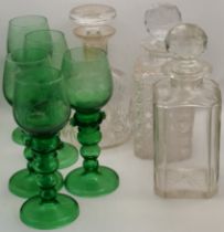 x3 Glass decanters plus green wine glasses