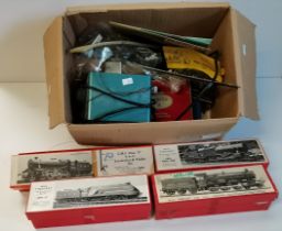 Vintage boxes of Loco body kits plus box of vintage toy railway track