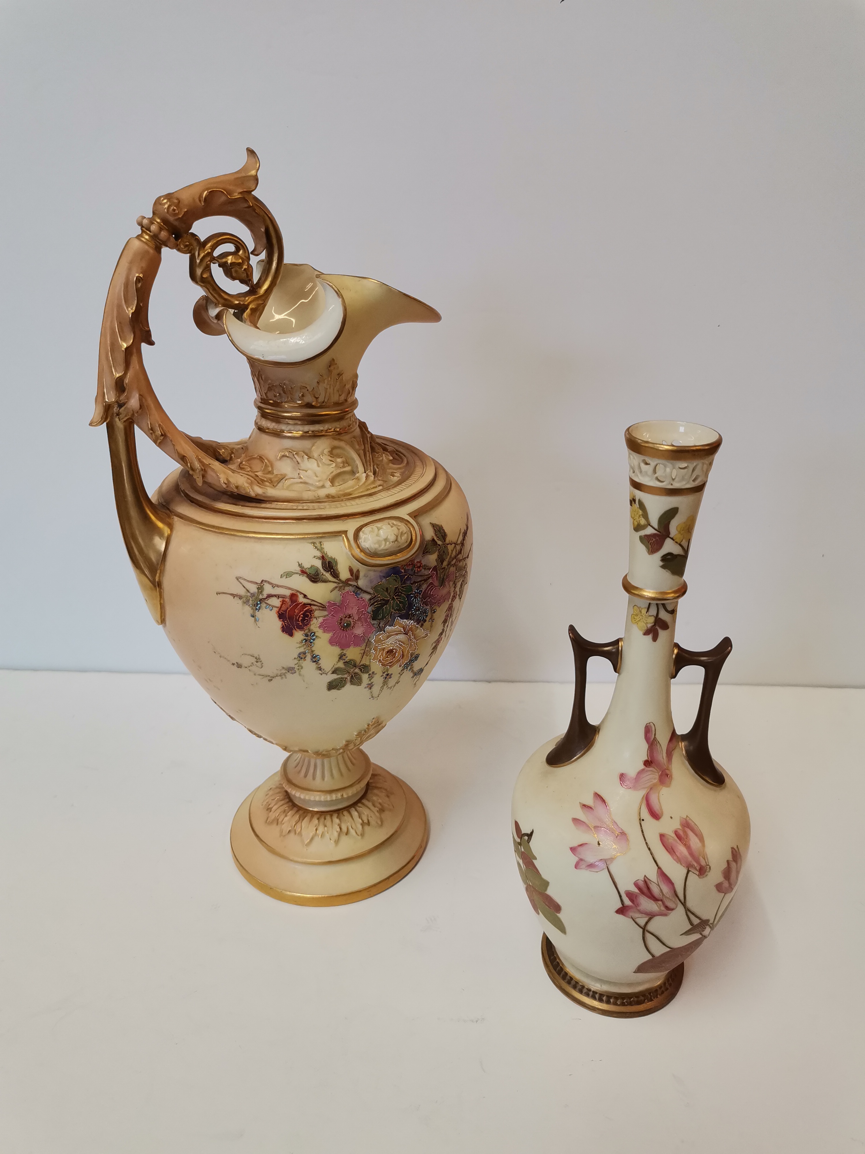 A Royal Worcester blush ivory ewer and twin-handled vase - Image 2 of 8