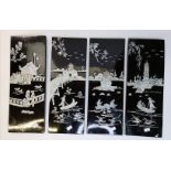 Four oriental black lacquered and mother-of-pearl decorated wooden panels