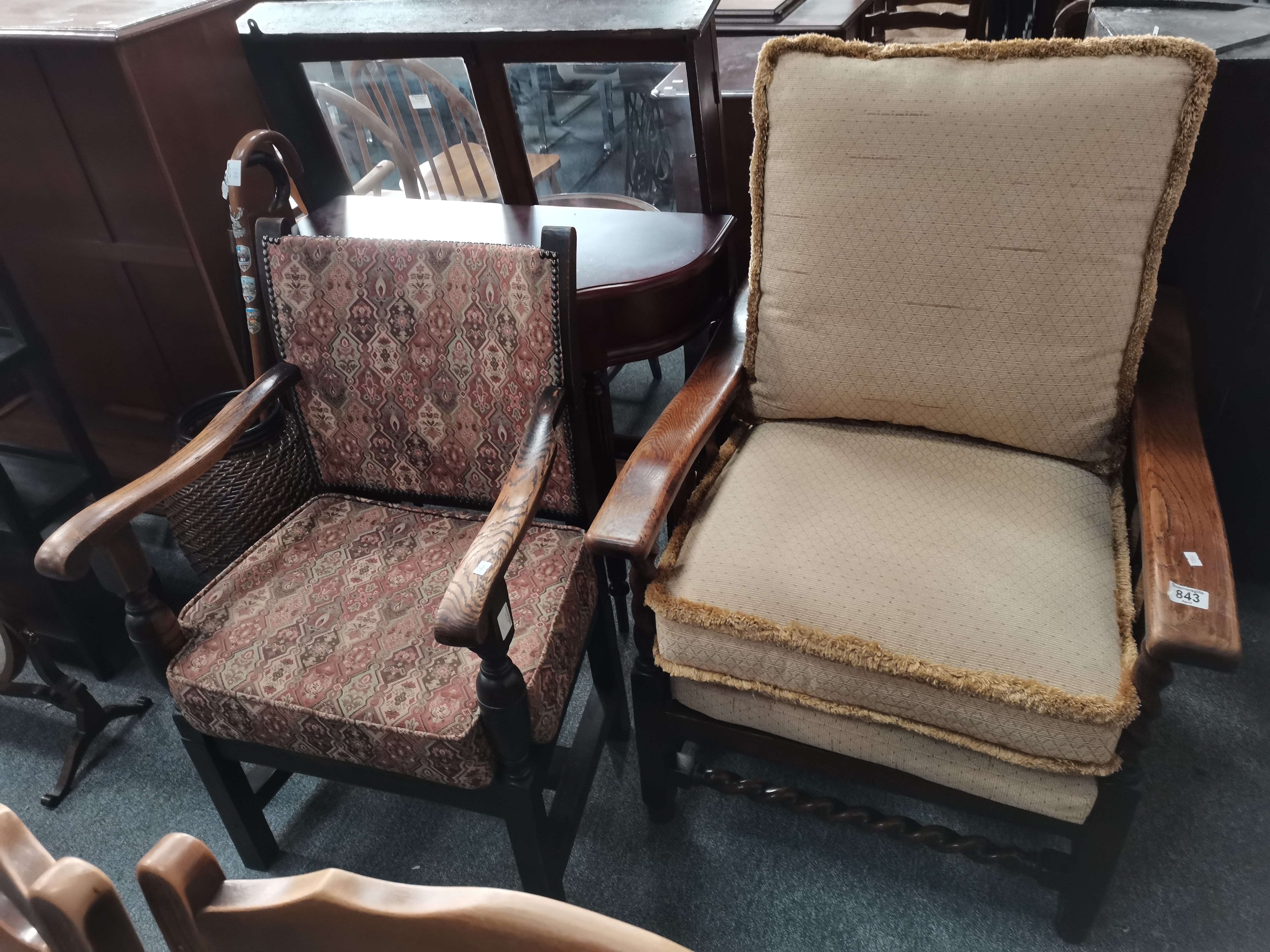 A 20th century oak reeling chair, plus armchair, 1/2 moon side table, stick stand and stick