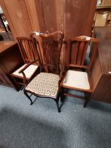 Antique Edwardian Inlaid Mahogany armchair plus x2 Antique Oak hall chairs