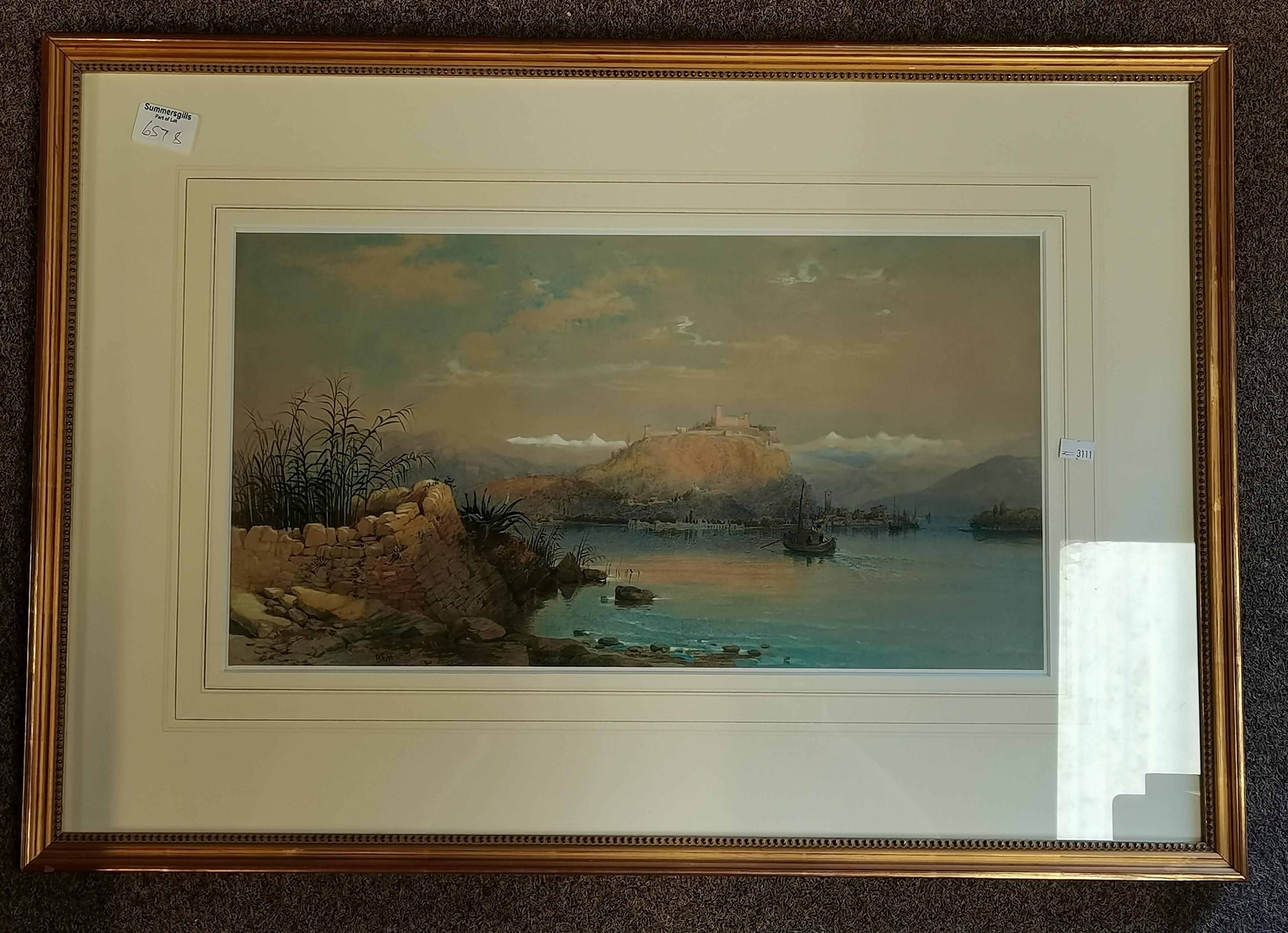 Continental lake landscape, watercolour