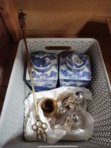 1 Box Containing Gilt wall mirror, Metalware, picture, and 2 Ringtons Lidded Pots