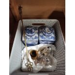 1 Box Containing Gilt wall mirror, Metalware, picture, and 2 Ringtons Lidded Pots