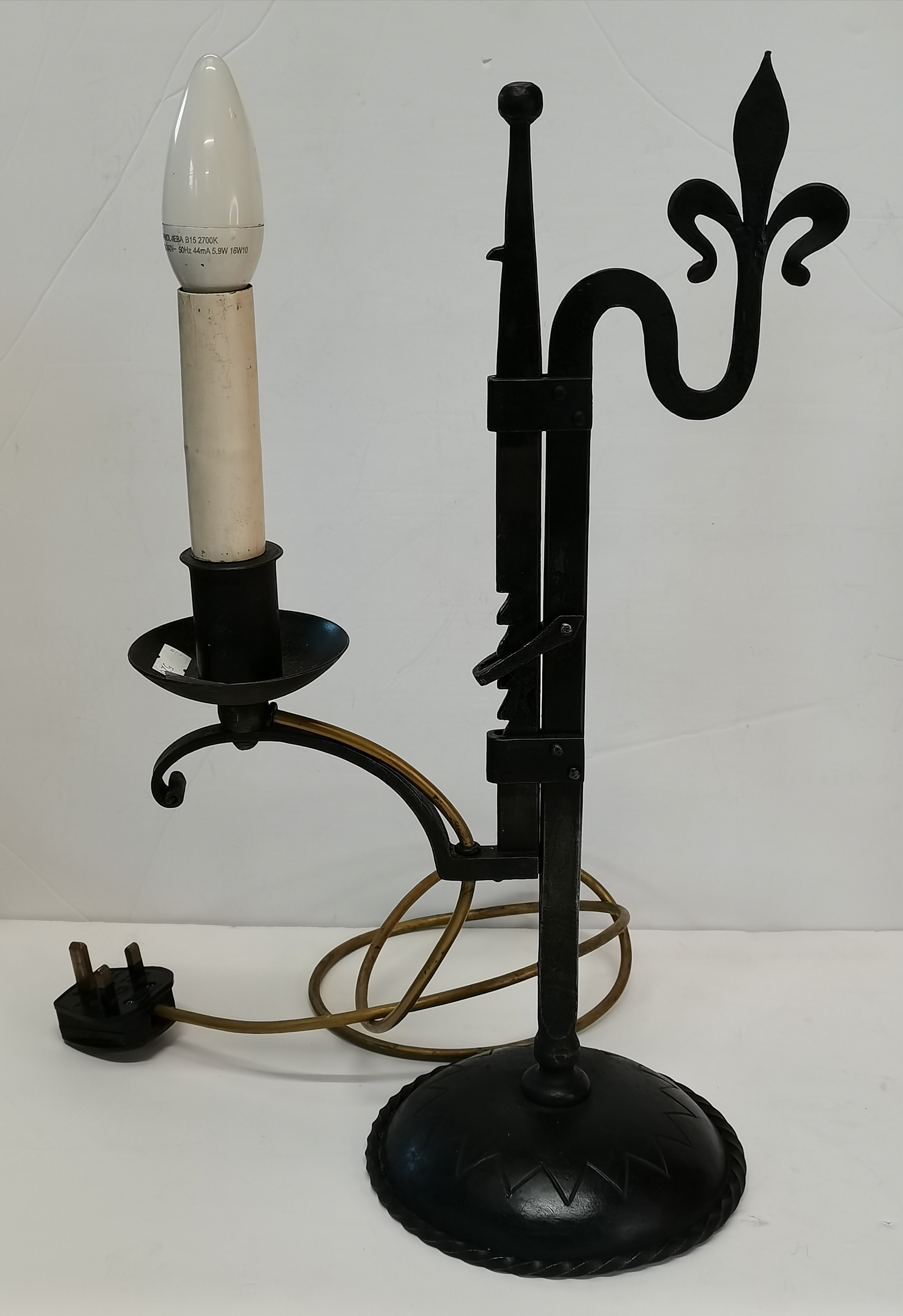 A Pair of Vintage Iron candlesticks plus iron lamp - Image 2 of 3