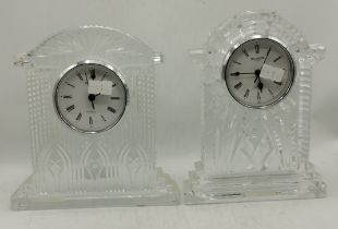 A near pair of WATERFORD CRYSTAL cut glass mantel clocks