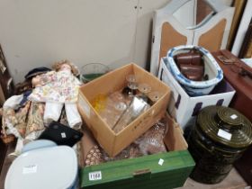 A Miscellaneous Lot Containing Dolls, Glassware, Mirror, Bottles, Suitcase Etc
