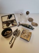Box of misc. items incl Abalone Shell Fish bottle opener, costume jewellery etc