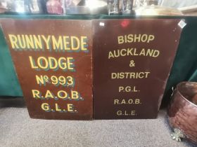 A pair of wooden Royal Antediluvian Order of Buffaloes lodge boards