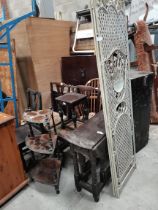 Misc. antique furniture incl Windsor Chair, corner cupboards, vintage folding metal screen etc