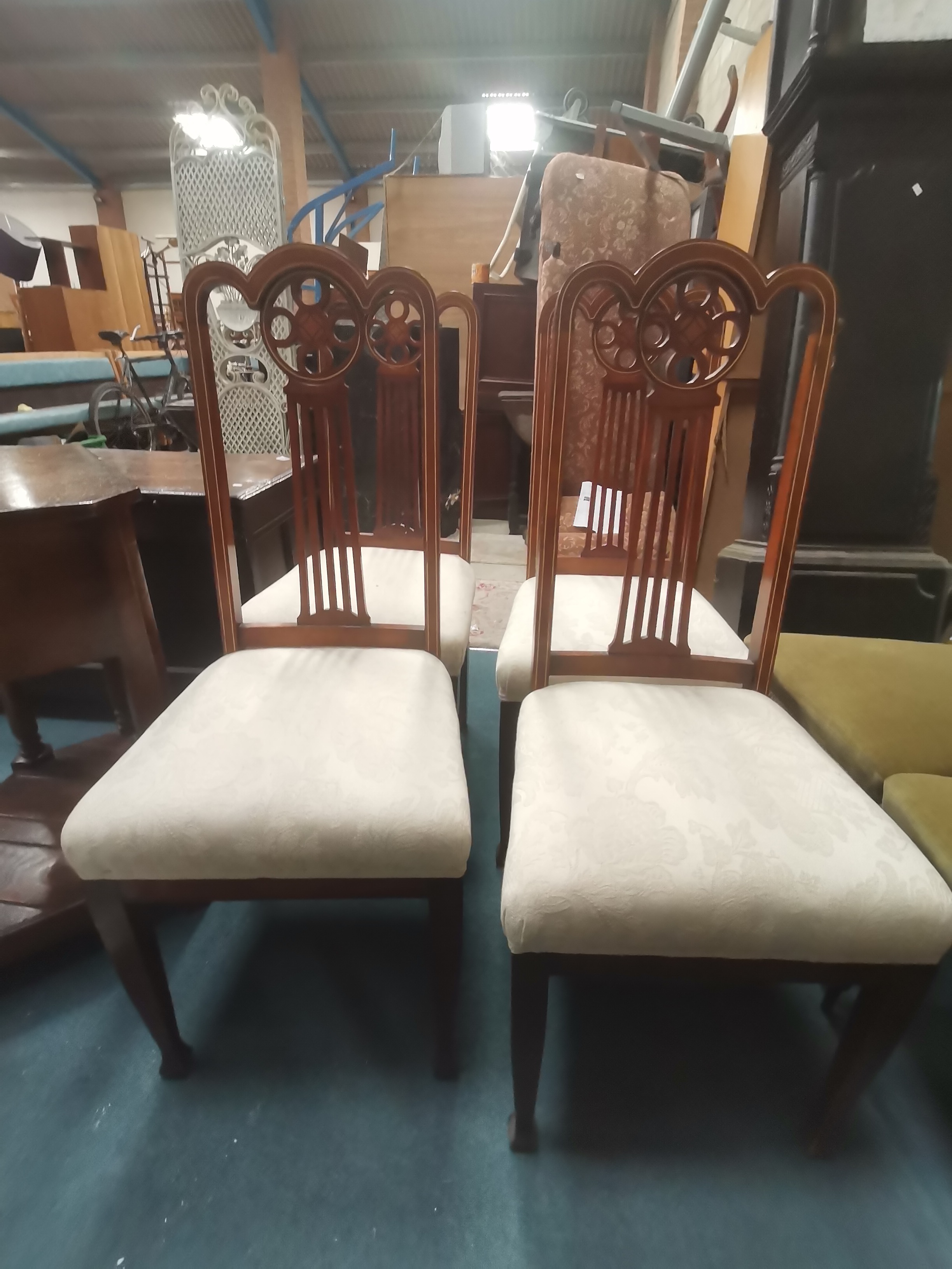 Set of 4 tall back inlaid antique mahogany dining chairs with cream seats