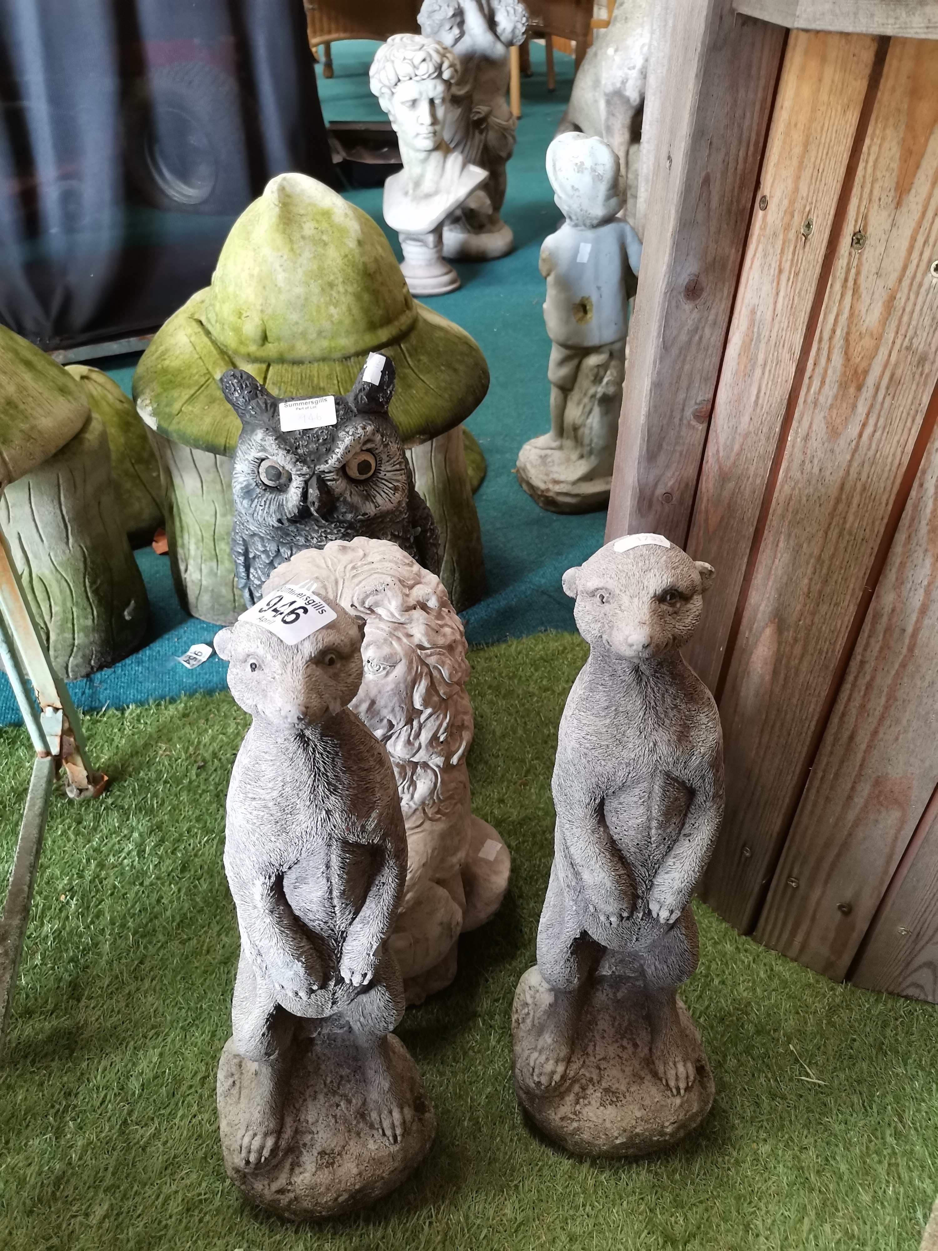 x4 stone garden ornaments - Meerkats, lion and owl