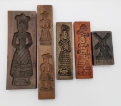 Five vintage Dutch wooden speculaas biscuit moulds