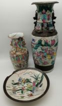 A large Chinese Nanking crackle glazed charger, and Chinese two vases