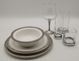 A huge Convivio Italian hand crafted pewter-rimmed and white ceramic dinner service