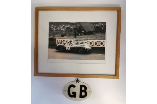 Aston Martin DBR1 racing photograph, and vintage RAC 'GB' metal plate - Image 1 of 3