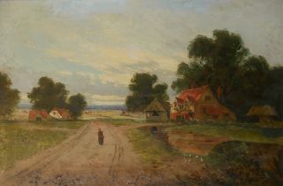 AN EARLY 20TH CENTURY OIL ON CANVAS Titled 'To Market', landscape, country cottages with a single