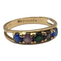 A VINTAGE 10CT GOLD AND GEM SET FIVE STONE RING The round cut gemstones in a plain design, marked ‘