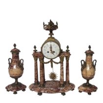 S. MARTI, A BRONZE ORMOLU AND BLUE JOHN CLOCK GARNITURE Having an urn form finial,painted dial and