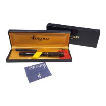 DUPONT FOR WATERMAN, A GOLD PLATE AND CHINESE LACQUER FOUNTAIN PEN Having gold plated mounts with