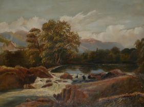 A 19TH CENTURY OIL ON CANVAS, LANDSCAPE Waterfall with cottages, in carved gilt frame, unsigned (