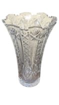 A LARGE VINTAGE CUT GLASS VASE Having a castellated flared rim and cuts to body. (approx 35cm)