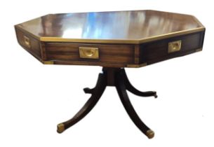 KENNEDY OF IPSWICH. A REGENCY STYLE MAHOGANY AND BRASS BOUND DRUM TABLE, the octagonal top fitted
