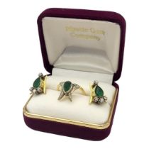 A VINTAGE 18CT GOLD, EMERALD AND DIAMOND RING AND EARRINGS SET Having pear form central emerald with