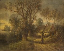 ROBERT BURROWS, FL 1851 - 1856, OIL ON BOARD Landscape, thatched cottage with figures, unsigned,